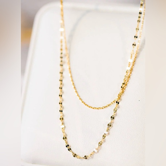 18K Yellow Gold Dainty Double Layered Chain Necklace - Picture 3 of 12